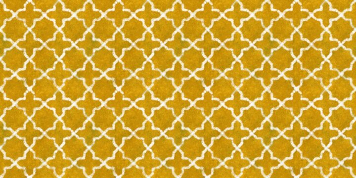 Hand-drawn gold Moroccan or islamic pattern with a unique rough watercolor texture. Perfect organic geometric background for luxury branding, packaging, paper crafts, ceramic tiles, or wallpapers. 