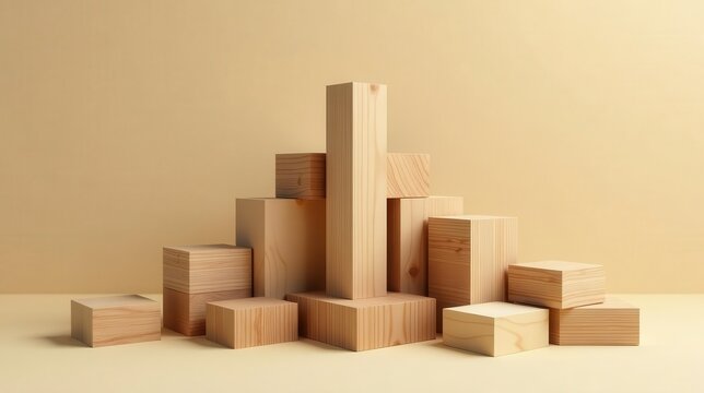Abstract Wooden Block Composition A Minimalist Display of Natural Light Wood Geometry on a Pale Yellow Background