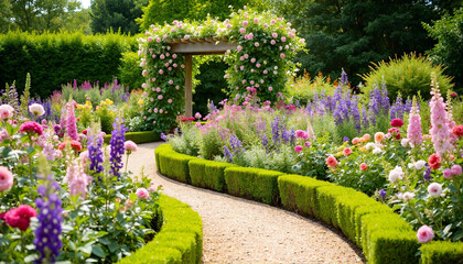 Obraz premium English garden with a wooden arbor covered in climbing roses