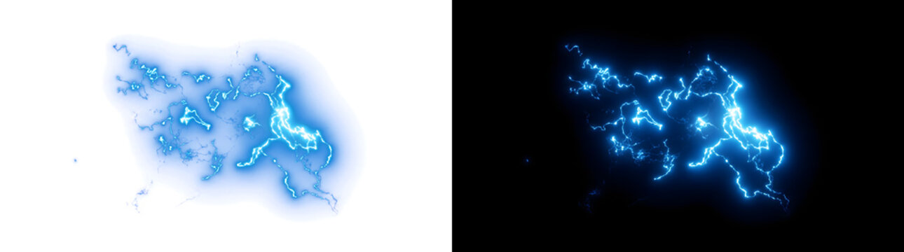 Blue lightning energy branching and crackling wildly across a black background creating an intense electric storm effect for science with PNG, Transparent and Black Background Versions structured