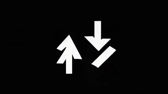 White arrows diverge upward and downward across diagonal line on black background, symbolizing duality, opposition, and abstract geometric tension in modern conceptual design.