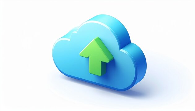 Blue and green overlapping cloud icons with white upward arrow on white background, modern digital concept symbolizing cloud computing, data upload, and online storage.