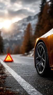 Broken down luxury car standing on a mountain road with a red emergency warning triangle, indicating a vehicle malfunction or accident during a golden hour sunset