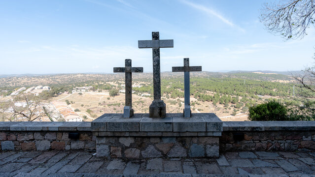 Stone crosses at Calvary next to Basilica in Andujar