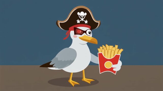 A cartoon-style seagull dressed as a pirate, wearing a black hat with skull emblem, red bandana, and red eye patch, holding a red container of French fries, set against a solid blue background.