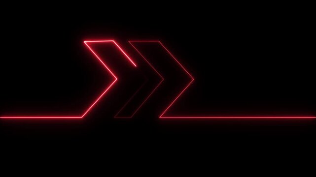 Glowing neon red double arrow symbol formed by a continuous thin light line on a solid black background representing direction and forward motion