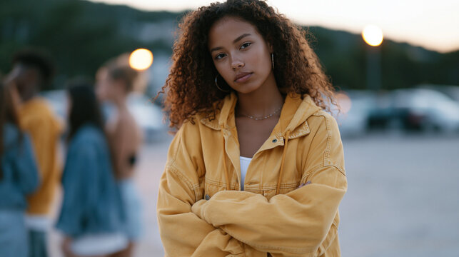 Teen peer pressure scene in a school parking lot at dusk, a girl crossing her arms and looking away from a group pressuring her, distant expression, courage in refusal, adolescent