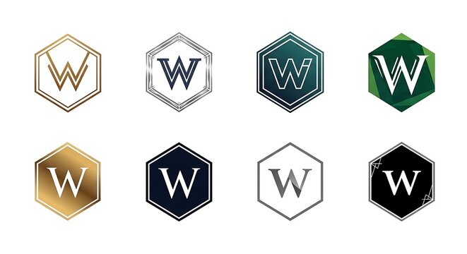 Collection of stylized letter W icons in various colors and styles.