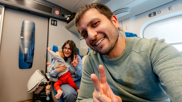 Family on a bullet train journey from Kyoto to Tokyo