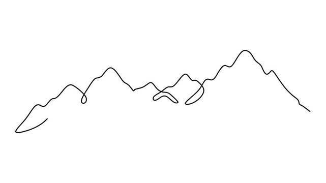 Animated self drawing of continuous line draw of mountain peaks minimalist landscape nature range,  Full length one line animation. 4K