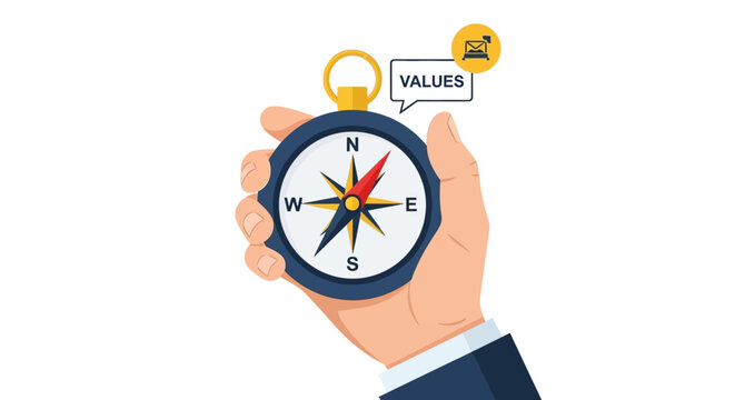 Hand Holding Compass Pointing to Core Values Concept Illustration for Business Ethics and Corporate Culture