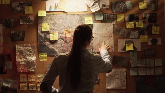 Private female detective investigator examining clues looking at map with pinned photos of criminals in dark agency office at night