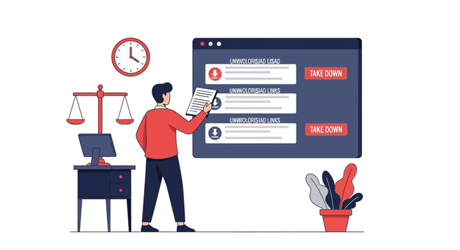 Digital Copyright Protection and DMCA Takedown Process Vector Illustration