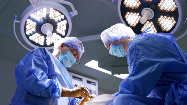 Medics in uniforms perform operation under the round lamps. Low angle view at the doctors working in cooperation.