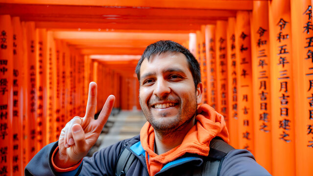 Man at the thousand torii gates in Fushimi Inari-Taisha