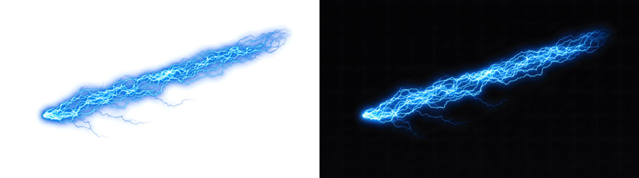 Blue lightning streak stretching diagonally with intense crackling energy and glowing sparks on a black background for science with PNG, Transparent and Black Background Versions