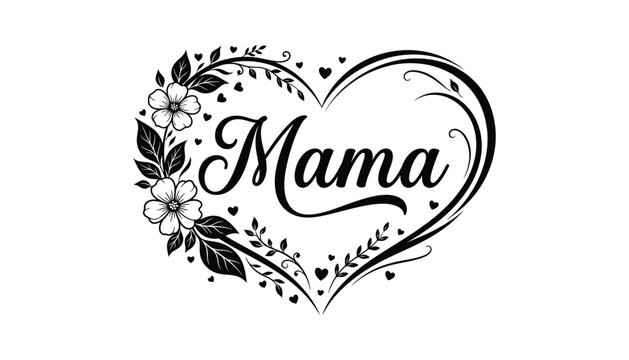 Floral heart ornament with the word mama black and white vector illustration