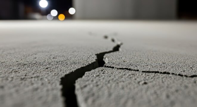 Extreme Close-up of a Jagged Crack on a Textured Concrete Surface at Night