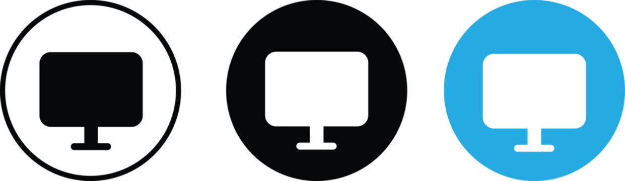 Simple desktop screen icons. Sleek computer monitor frame and thin bezel graphics. Workspace computing display and smart TV monitor symbols
