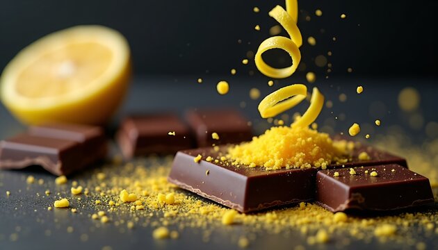 Citrus Zest Falling on Dark Chocolate Shards (Culinary Macro)