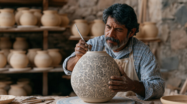 Mexican ceramicist painting intricate floral detail onto a fired clay vessel at a rustic workshop bench, rows of finished pots drying on shelving behind, natural courtyard light
