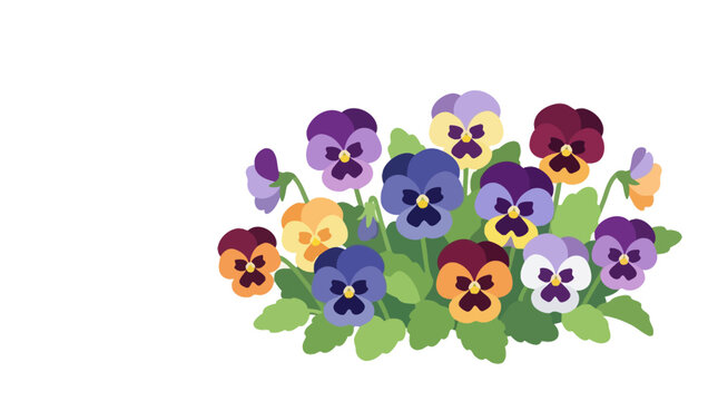 Colorful cluster of cartoon-style pansy flowers in vibrant hues.