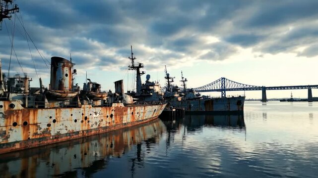 Abandoned rusted warships in harbor with bridge