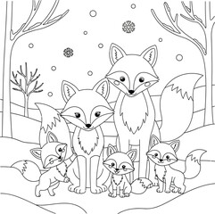 Fototapeta premium Cute Fox Family Coloring Page with Winter Forest Scene and Woodland Wildlife Line Art Illustration for Kids Activity Book