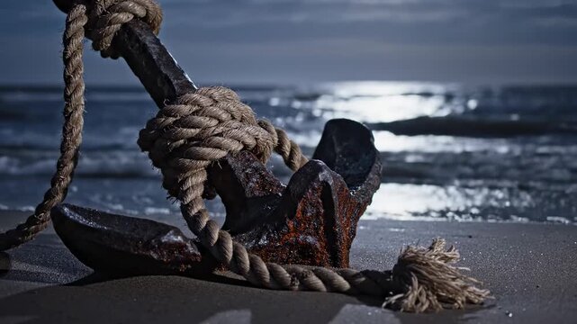 Rusty anchor on beach under moonlight