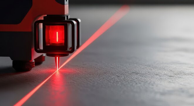 Precision laser level projects a vibrant red beam for accurate construction measurements on a dark surface