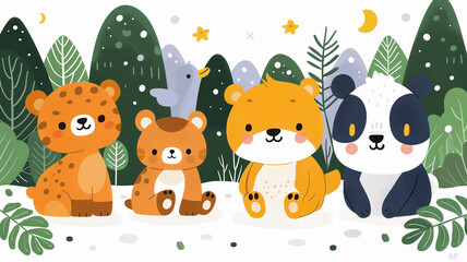 Obraz premium Group of cute cartoon baby animals including a leopard, bear, and panda sitting together in a stylized green forest under a starry sky, representing childhood friendship art