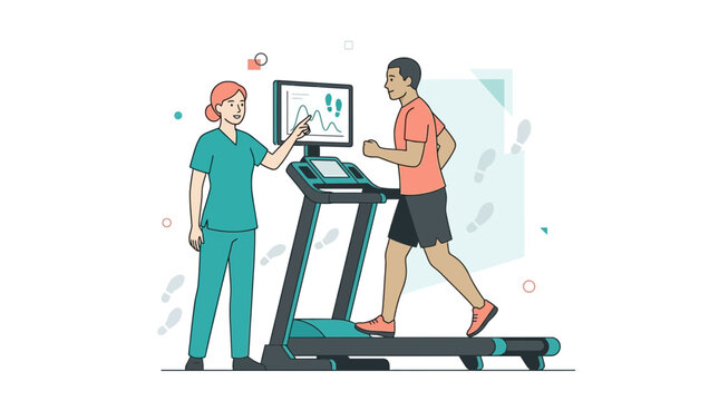 Healthcare professional monitors patient's treadmill exercise, analyzing gait data on a screen for rehabilitation or fitness.