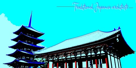 Stylized illustration of traditional Japanese temple architecture with a pagoda and historic wooden building. Ideal for travel, culture, heritage, tourism, and Asian design themes. © Setyo