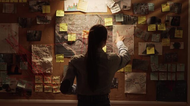 Private female detective investigator examining clues looking at map with pinned photos of criminals in dark agency office at night