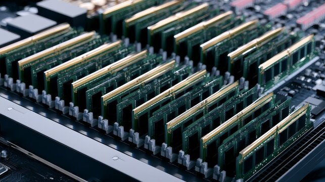 Computer memory chips sit on a circuit board in a tech workspace during daylight hours
