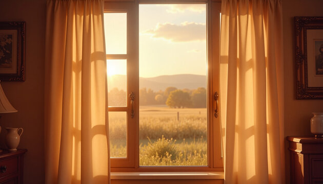 serene morning light streaming through a window into a cozy room with curtains, illuminating a scenic view of open fields and distant mountains, concept tranquility