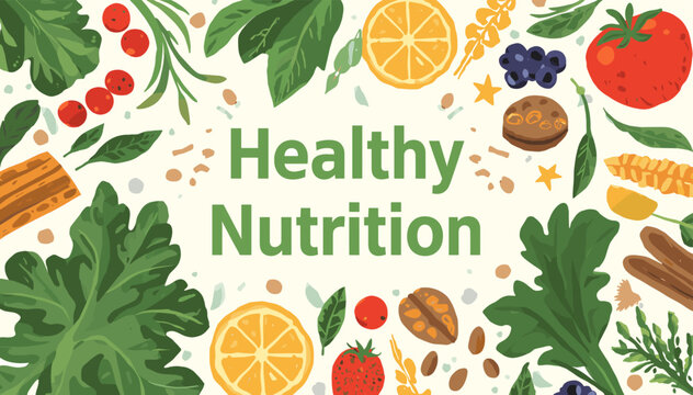 Vibrant illustration showcasing the abundance of healthy nutrition with fresh fruits, vegetables, and nuts arranged artfully.