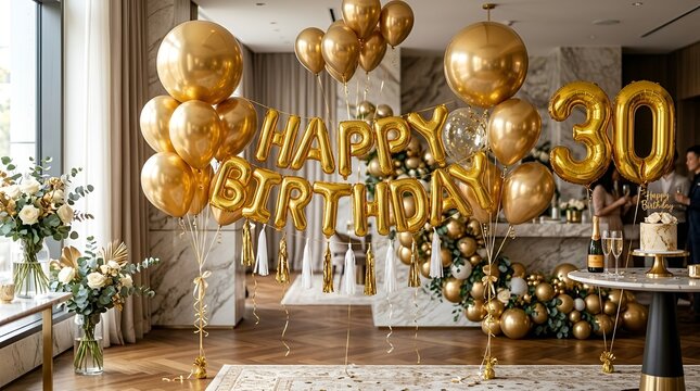Golden Birthday Party Balloons - Happy 30th Birthday Celebration Balloons