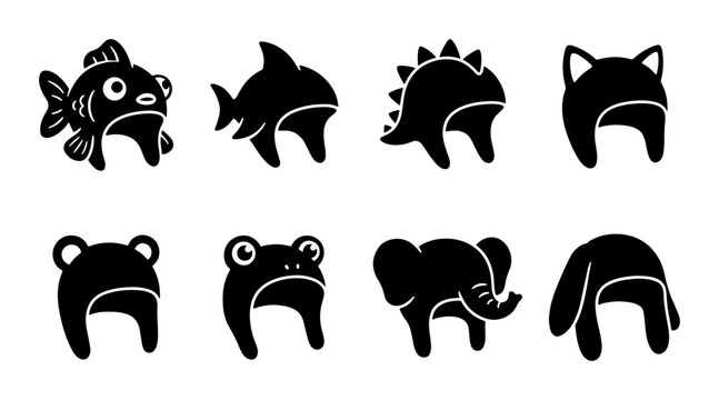 Cute Animal Hats Vector Icons Set: Fish, Shark, Dinosaur, Cat, Frog, Elephant, Bunny