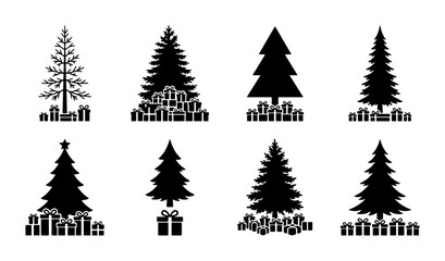 Obraz premium Christmas Tree Icons, Festive Holiday Vector Graphics, Winter Season Celebration Symbols, Black and White Seasonal Elements