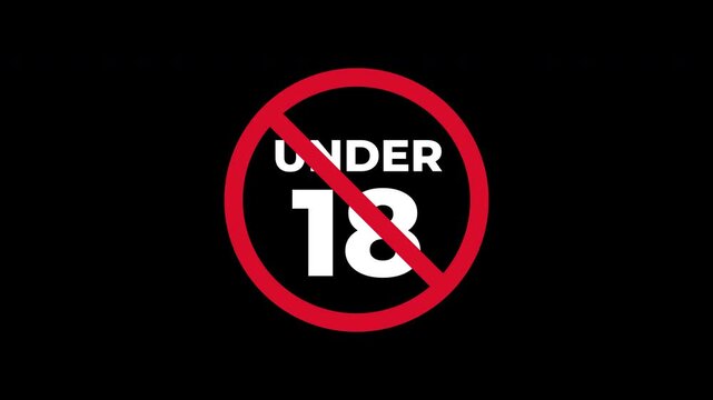 18+ Not allowed sign with white text stating eighteen under restriction for age limit symbol. Suitable for warning and restriction signs.