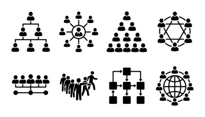 Fototapeta premium Organizational Structure Icons, Teamwork Network Diagrams, Business Hierarchy Charts, Leadership Silhouettes