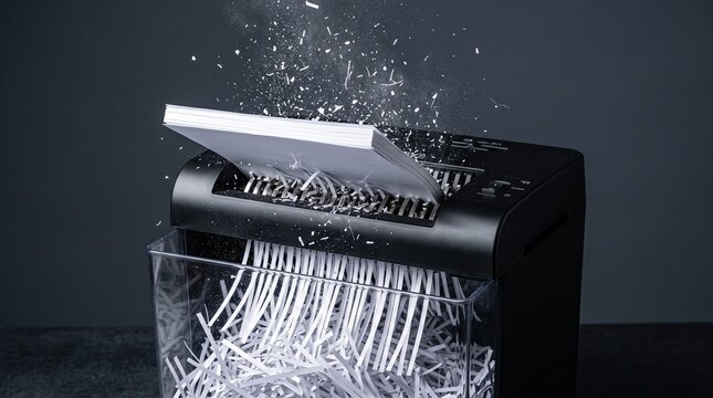 Black paper shredder machine destroying white documents for privacy.