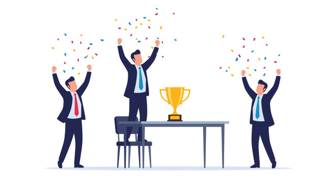 Successful business team cheering and celebrating victory around golden trophy with colorful falling confetti on table.
