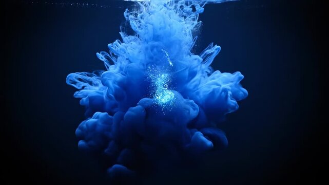 Blue ink dispersing in dark water with glowing center