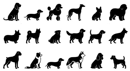 70 Dog breed silhouette collection, 18 black canine icons set, diverse domestic dog species vector graphics for pet shop branding and animal logos 100 © Mitu321
