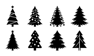 Obraz premium Christmas Tree Icons Set, Festive Holiday Vector Graphics, Winter Celebration Symbols, Black and White Decorative Elements