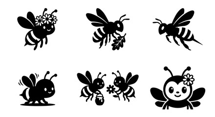 Fototapeta premium 70 Honey bee silhouette icon set, cute bumblebee character collection with 6 vector elements, black and white insect illustrations for honey packaging 100