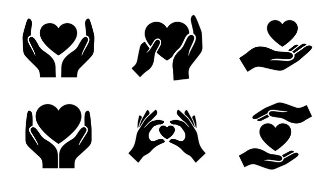 70 Charity and care icon set, hands holding heart symbols, black silhouette vector illustrations for donation and non-profit organizations 100