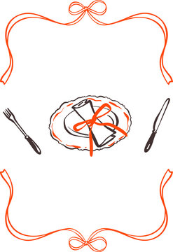 Hand drawn doodle coquette whimsical pink bow ribbon frame with tableware. Restaurant menu rectangle wavy sketch border. Plate, fork and knife sketch drawing. Wedding invitation design element